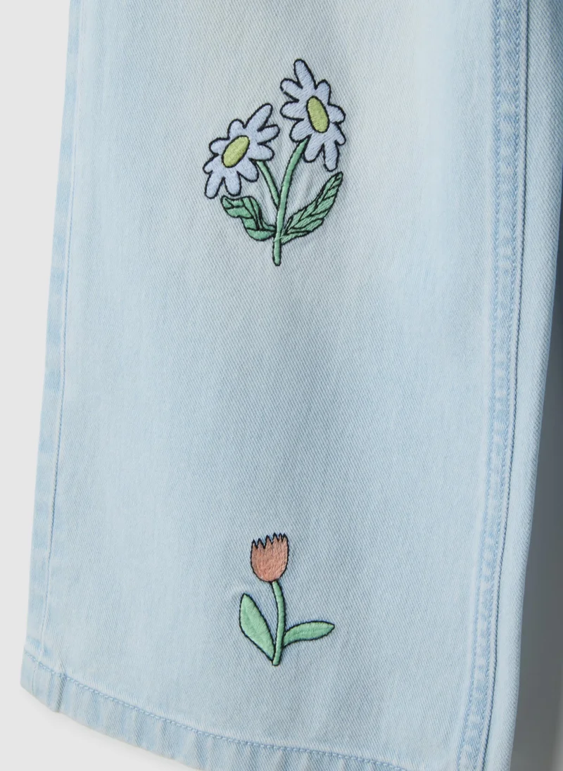 Ovs  OVS Girl'S Light Blue Pure Cotton Flare Jeans With Floral Embroidery for Kids | Best Price UAE